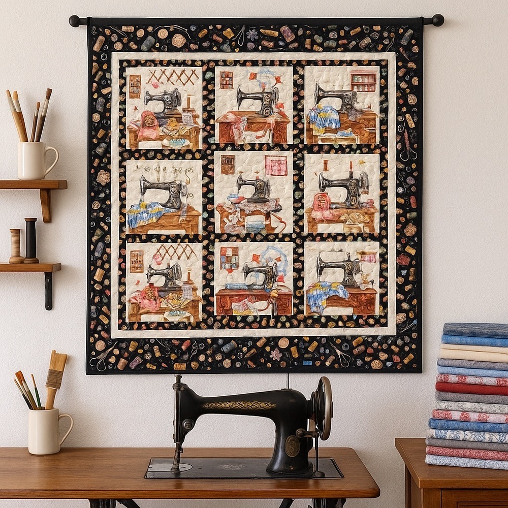 New Handmade Quilted Wall Hanging – Vintage Sewing Machine Theme – 9 Panels.